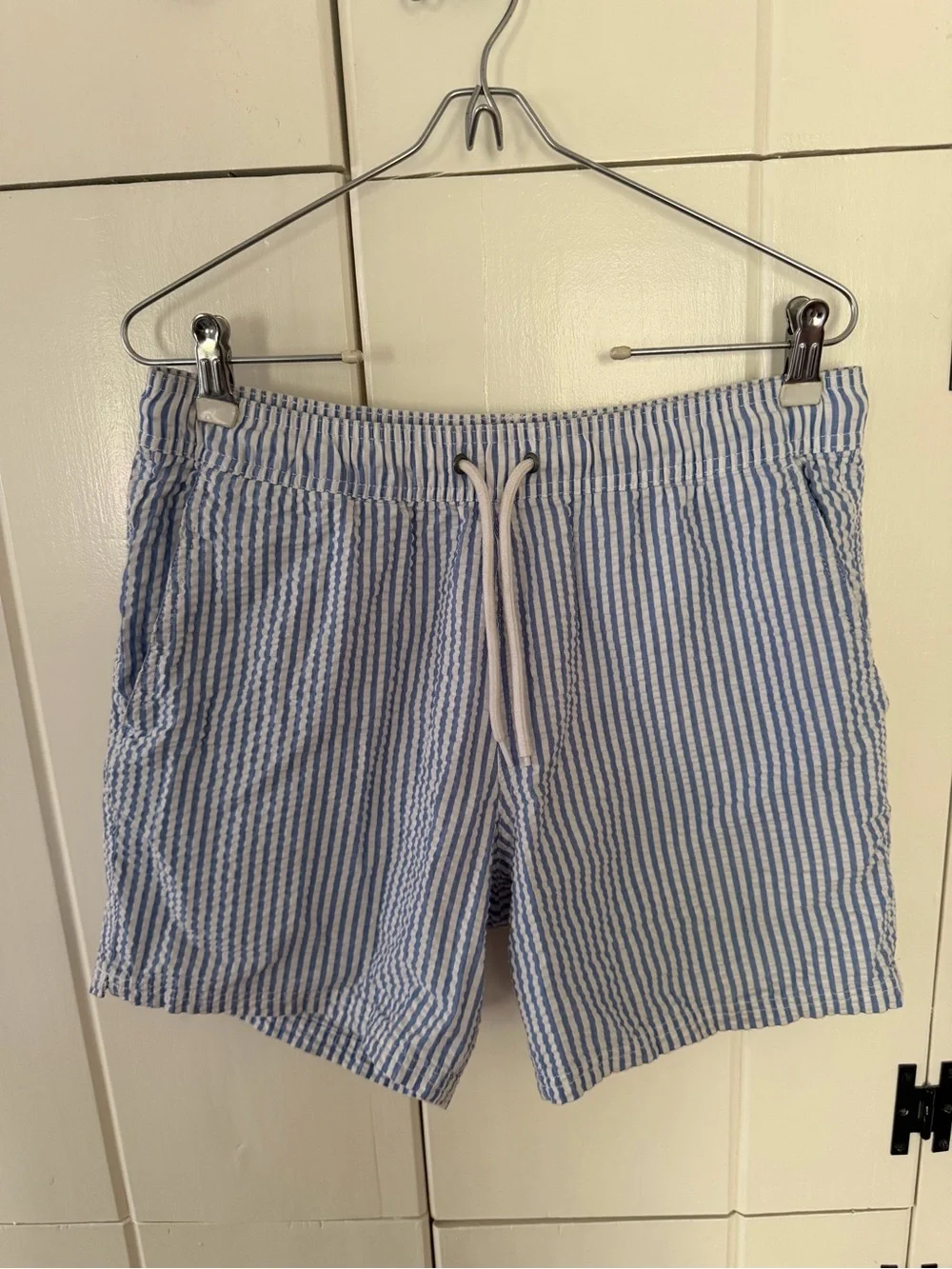 J. Crew Blue and White Striped Seersucker Swim Trunks